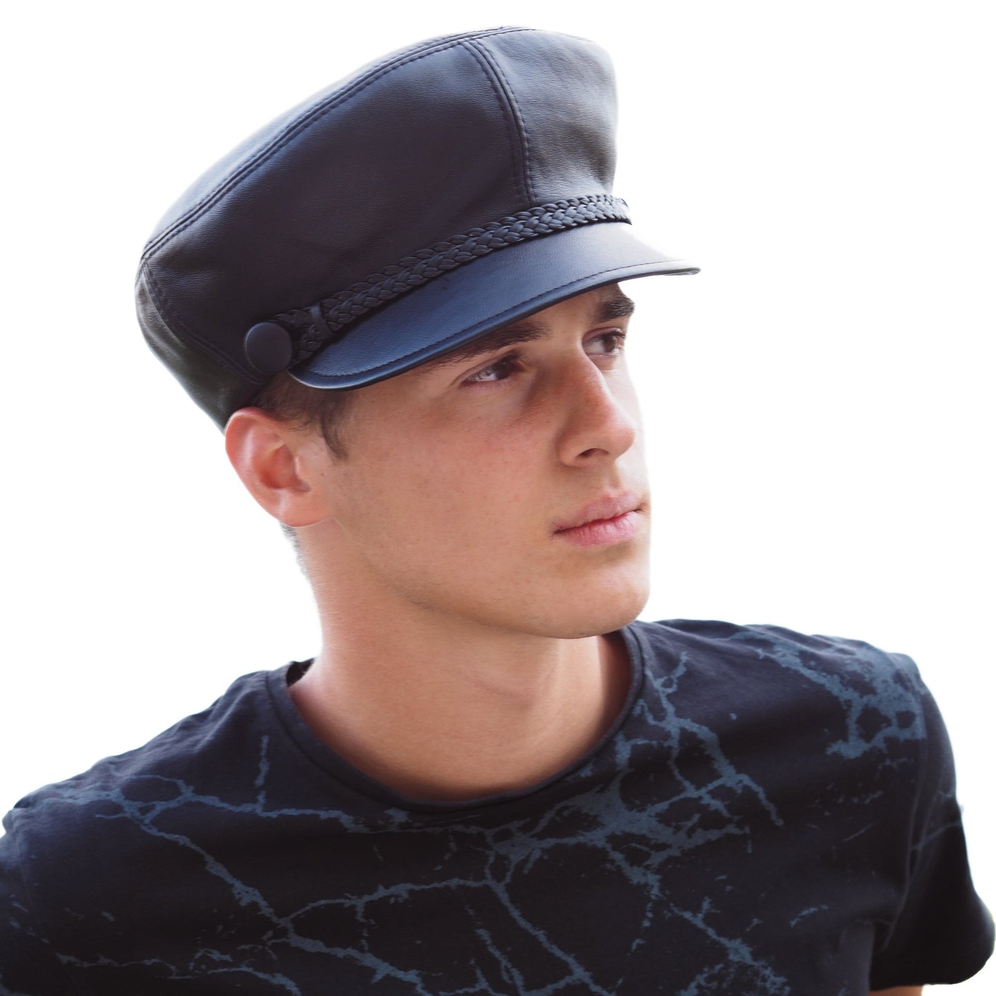 model wears leather cap